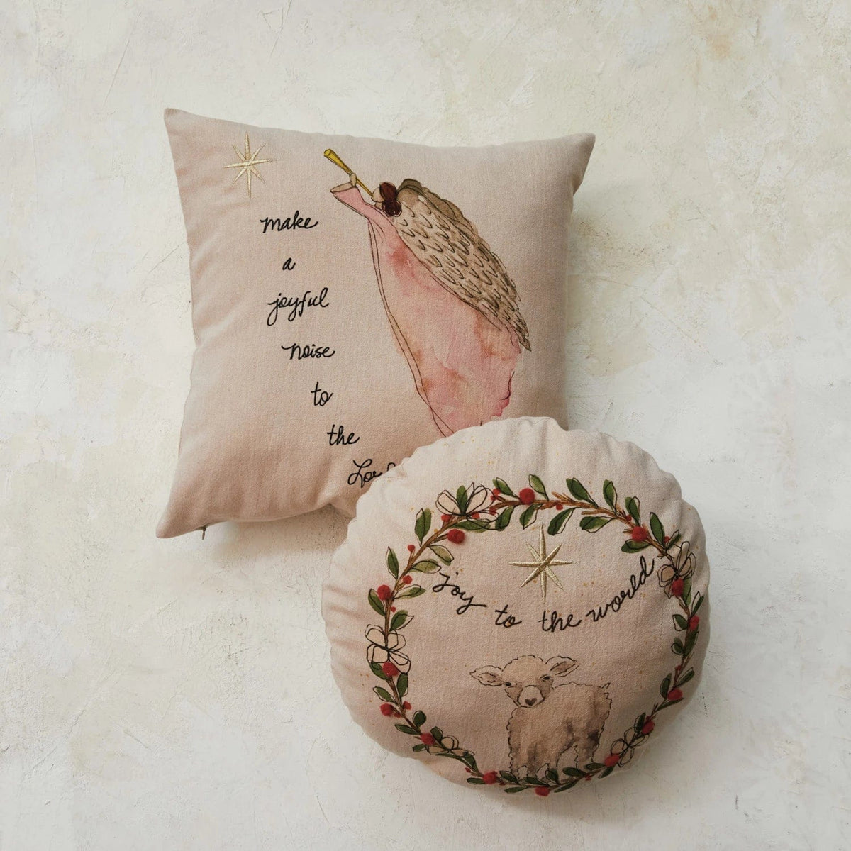 Creative Co-op Creative Co-op 16" Round Cotton Chambray Printed Pillow w/ Embroidered Wreath - Little Miss Muffin Children & Home