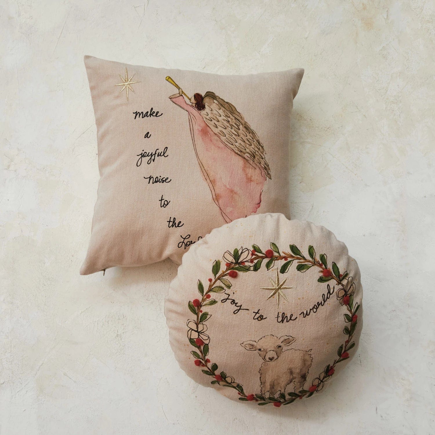 Creative Co-op Creative Co-op 16" Round Cotton Chambray Printed Pillow w/ Embroidered Wreath - Little Miss Muffin Children & Home