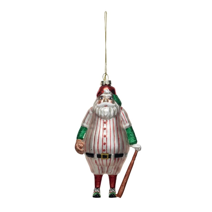 Creative Co-op Creative Co-op 5.75"H Glass Santa in Baseball Outfit Ornament w/ Bat & Glitter, Multi Color - Little Miss Muffin Children & Home