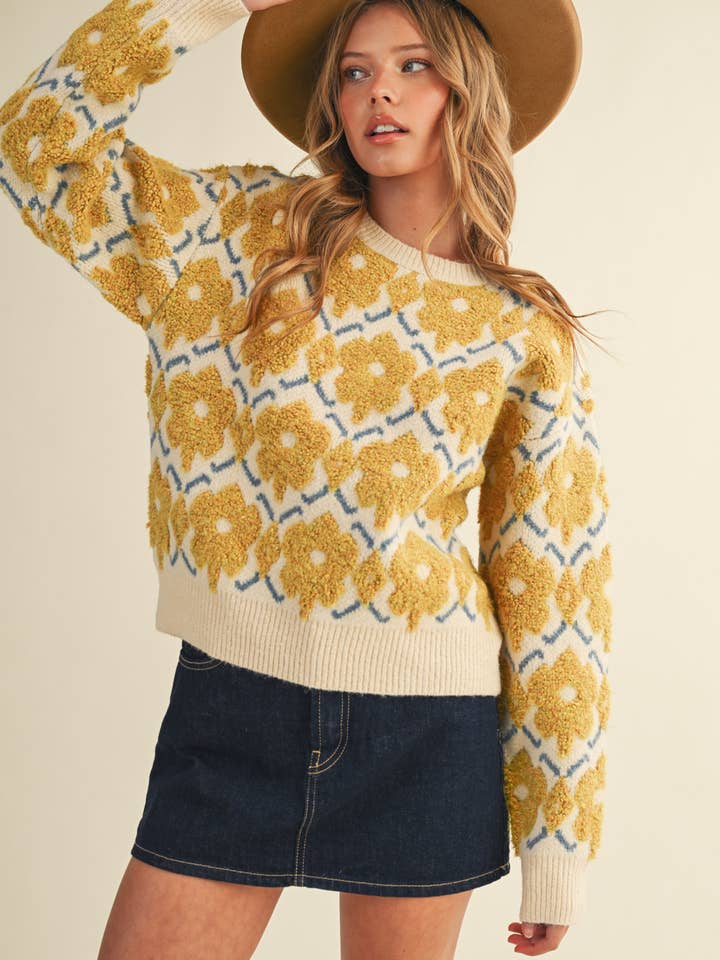 floral yellow chenille sweater