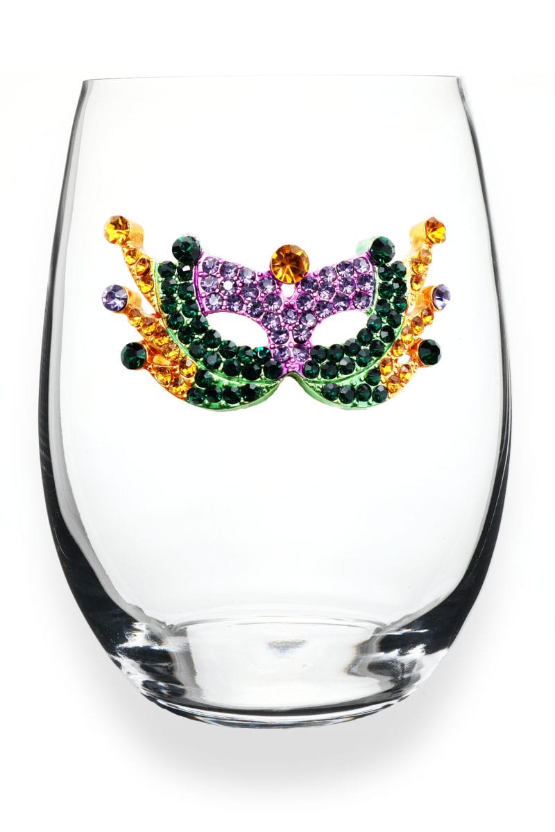 Queen Jewels Queen Jewels Jeweled Mardi Gras Mask Stemless Wine Glass - Little Miss Muffin Children & Home