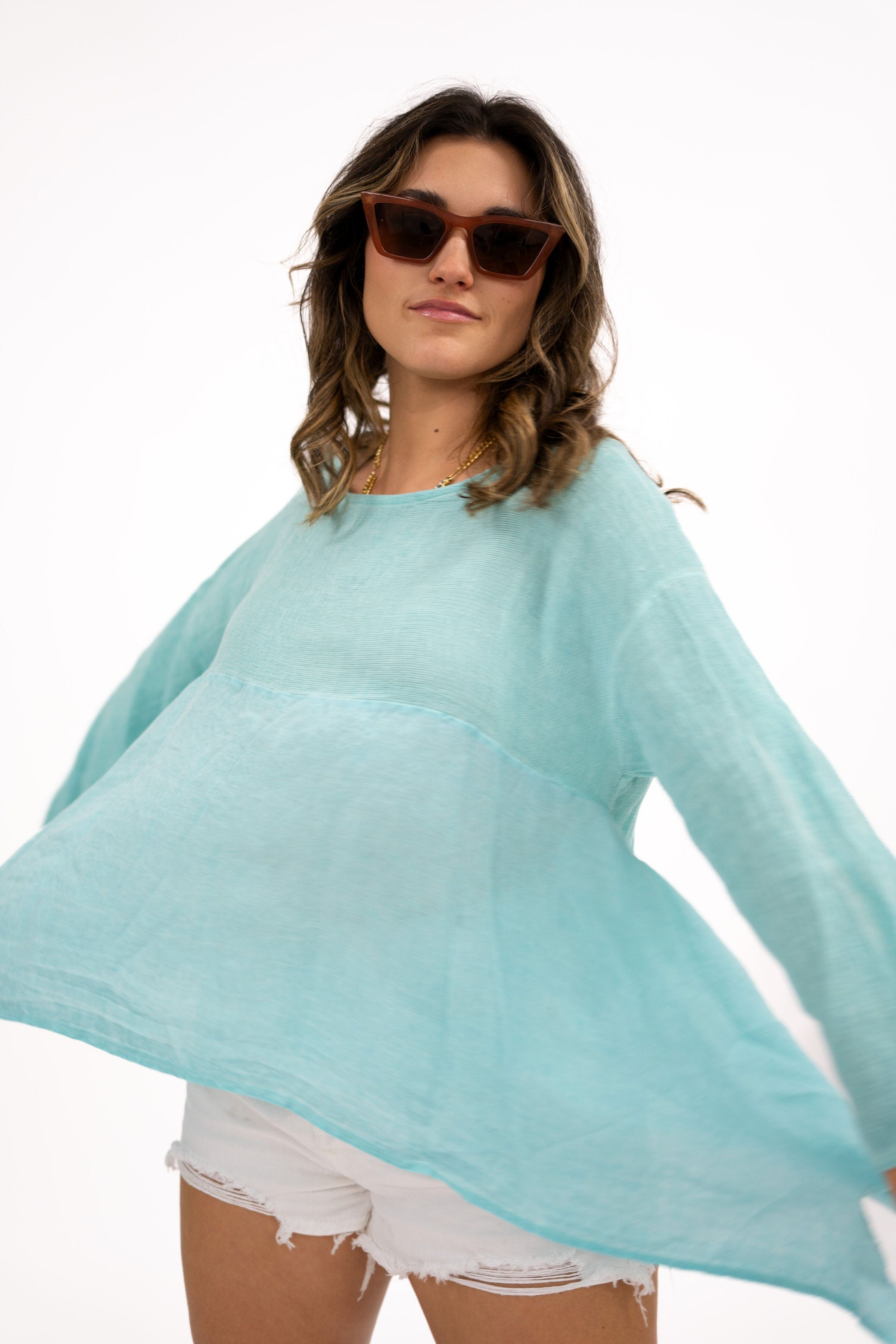 Oro Bonito Oro Bonito Long Sleeve Draped Linen Top - Little Miss Muffin Children & Home