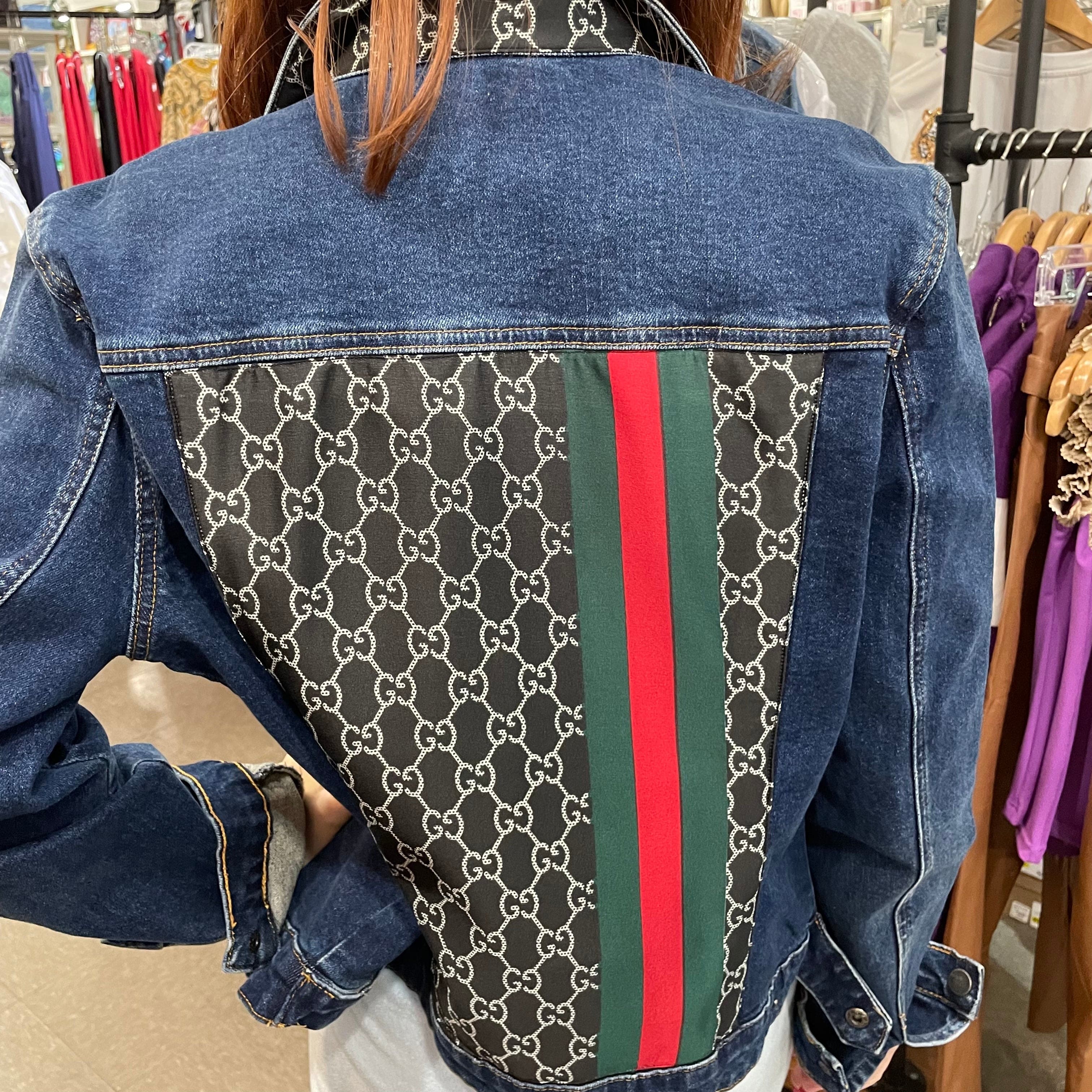 Gucci Monogram Scarf on Denim Jacket