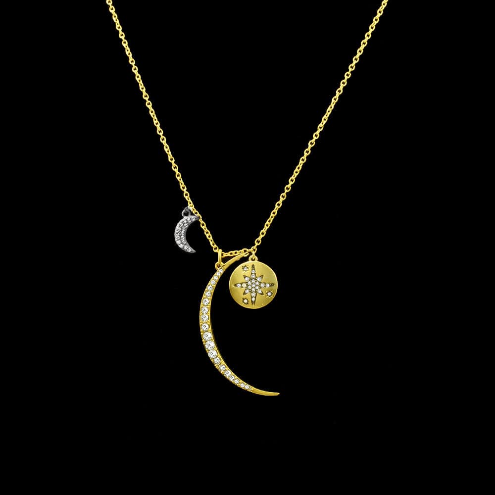 Be-Je Designs Be-Je Designs Half Moon with Black Starburst on Gold Disc and Pave Crescent Necklace - Little Miss Muffin Children & Home