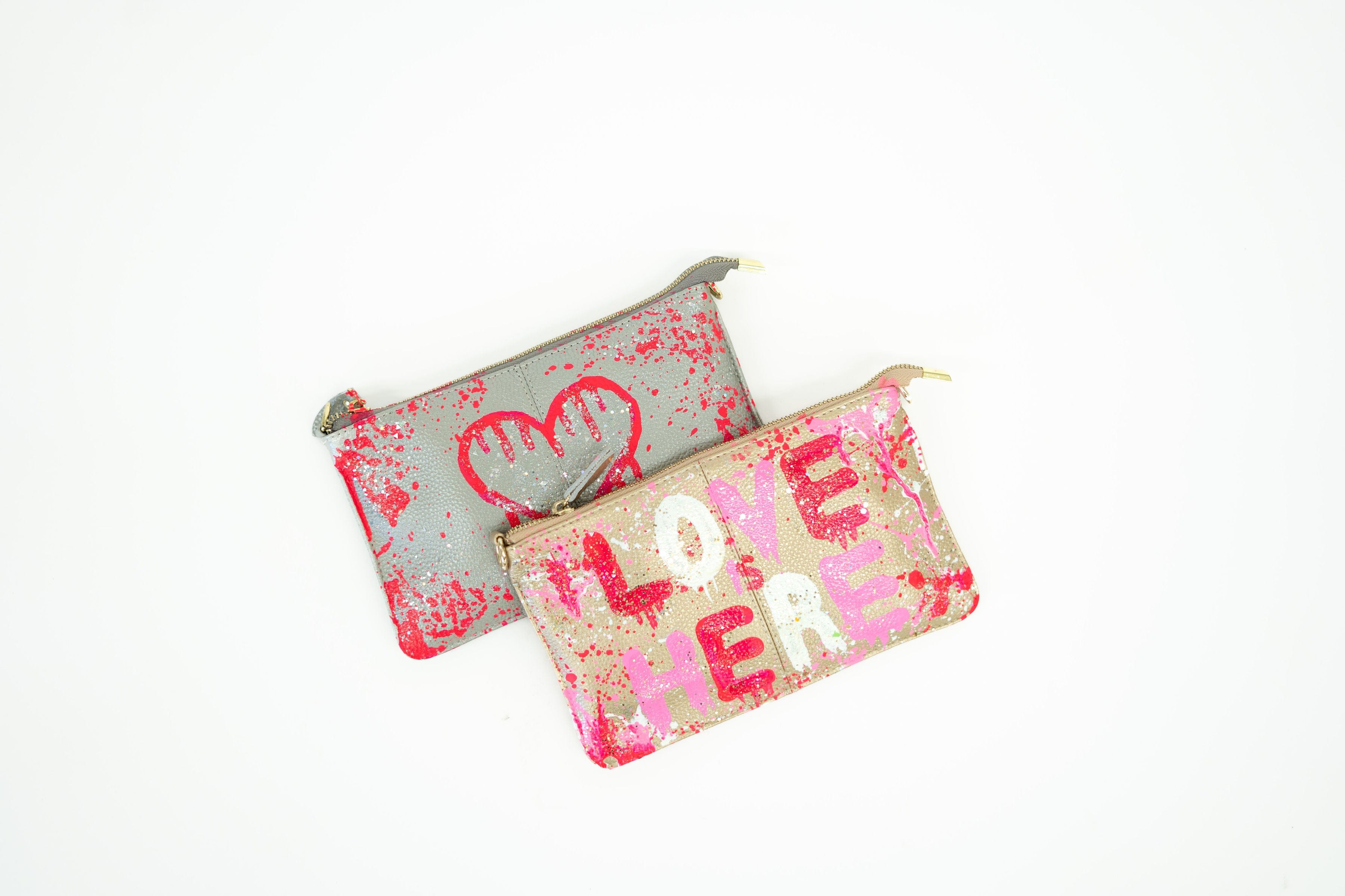 Custom Bag Designs Custom Bag Designs Alex Silver & Pink Drip Heart Crossbody Handbag - Little Miss Muffin Children & Home