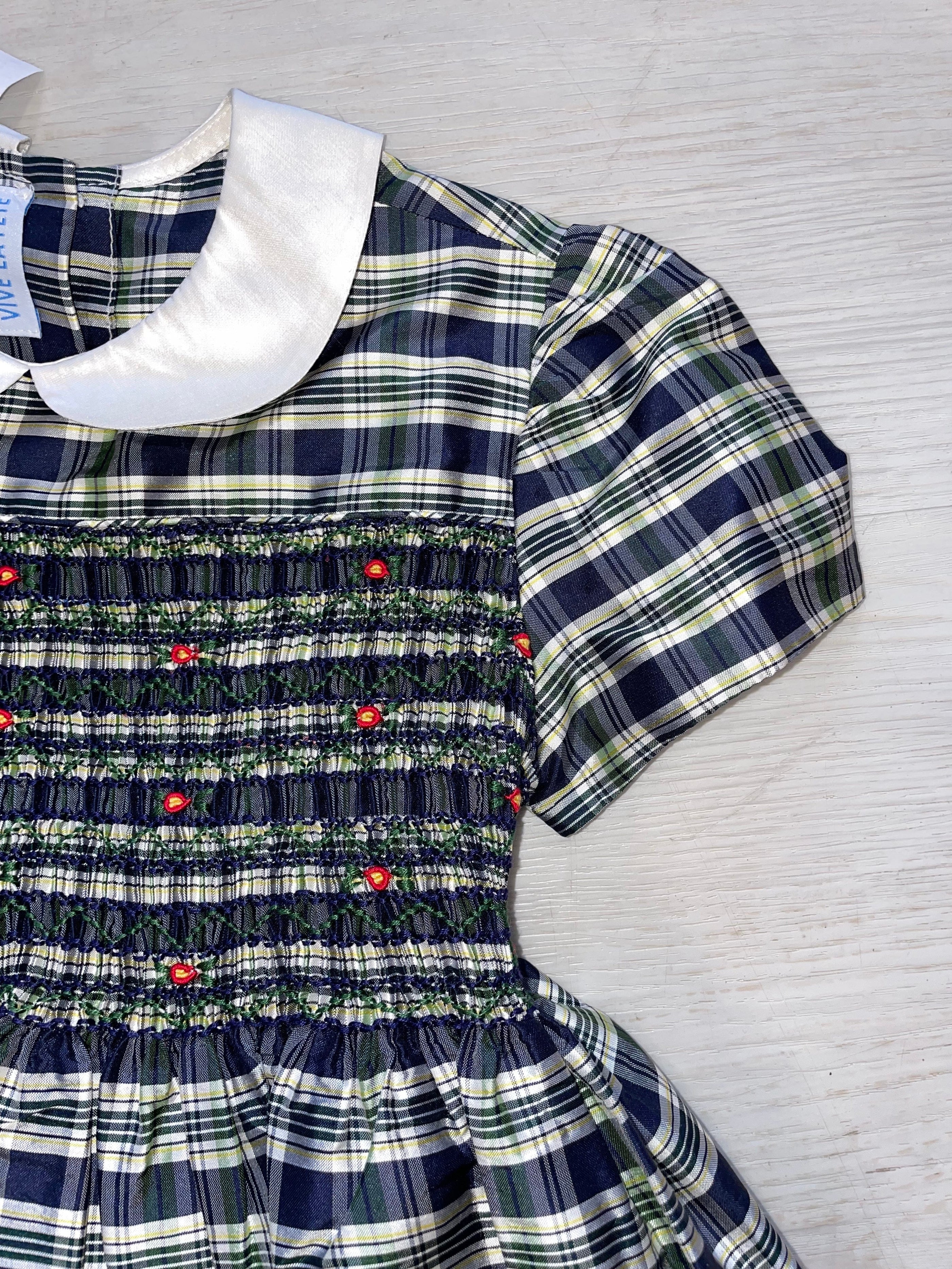 Vive La Fete Vive La Fete Navy and Green Silk Smocked Dress - Little Miss Muffin Children & Home