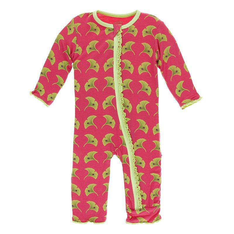 Kickee Pants - Kickee Pants Print Muffin Ruffle Coverall with Zipper in Red Ginger Ginkgo - Little Miss Muffin Children & Home