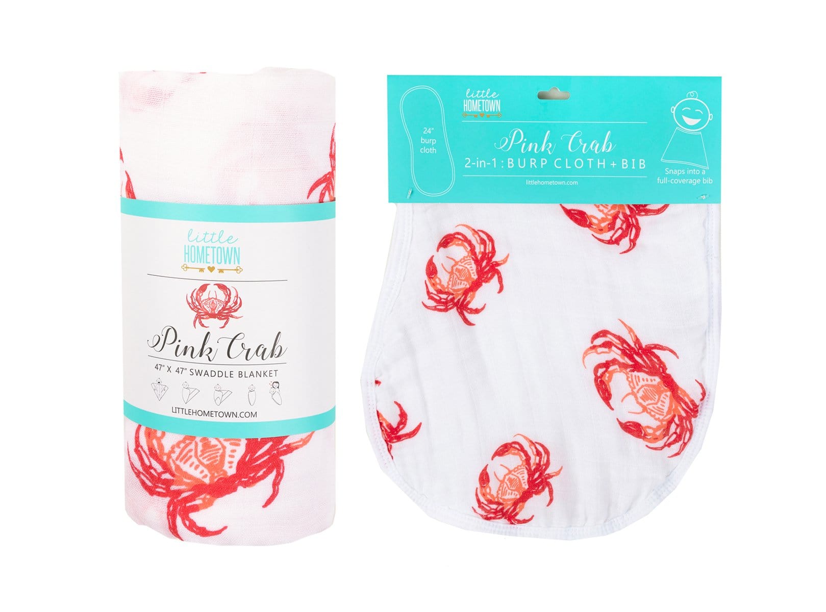 Little Hometown Little Hometown Pink Crab 2-in-1 Burp Cloth and Bib - Little Miss Muffin Children & Home