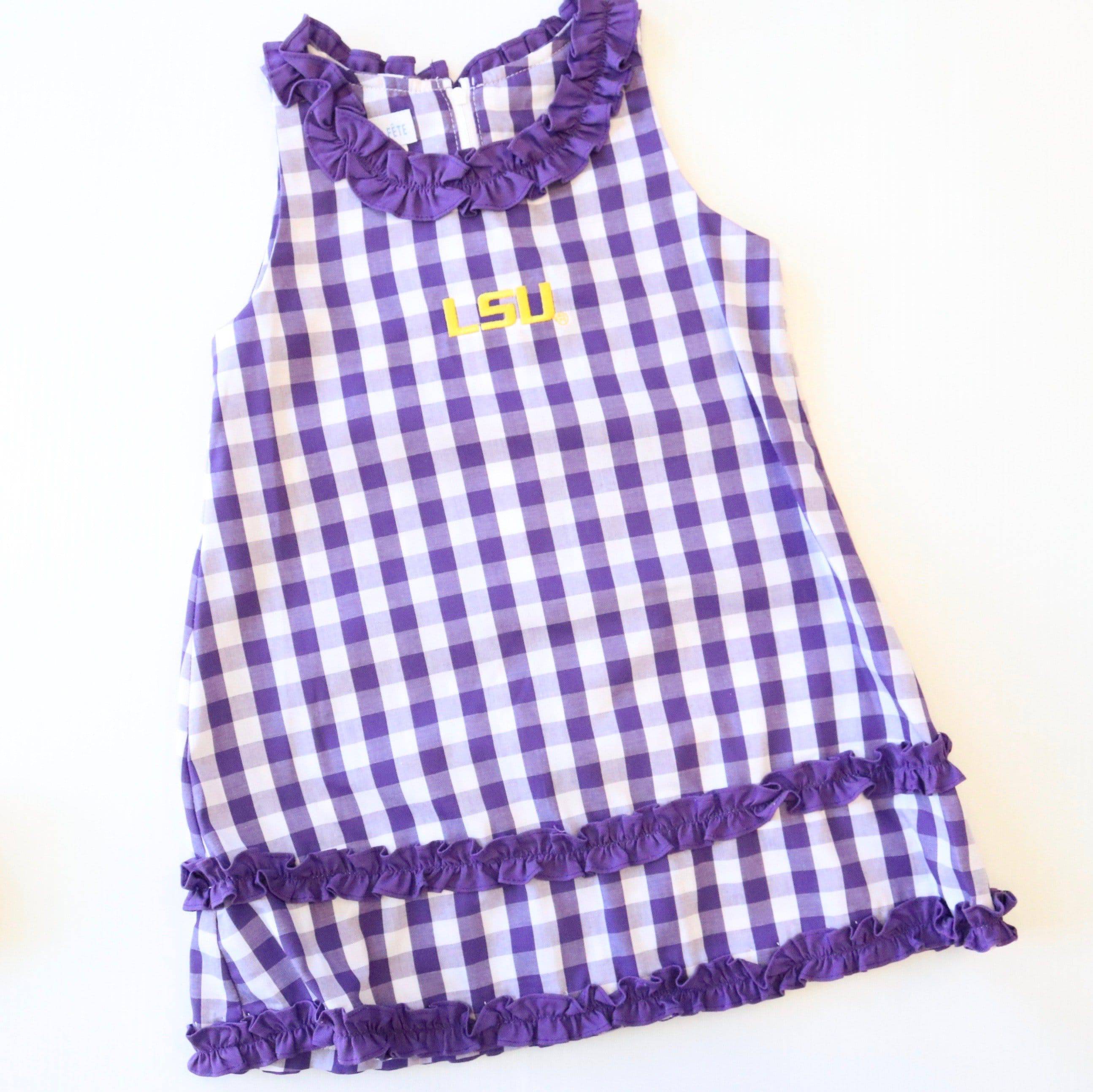 Vive La Fete - Vive La Fete LSU Embroidered Purple Check Ruffle Jumper - Little Miss Muffin Children & Home