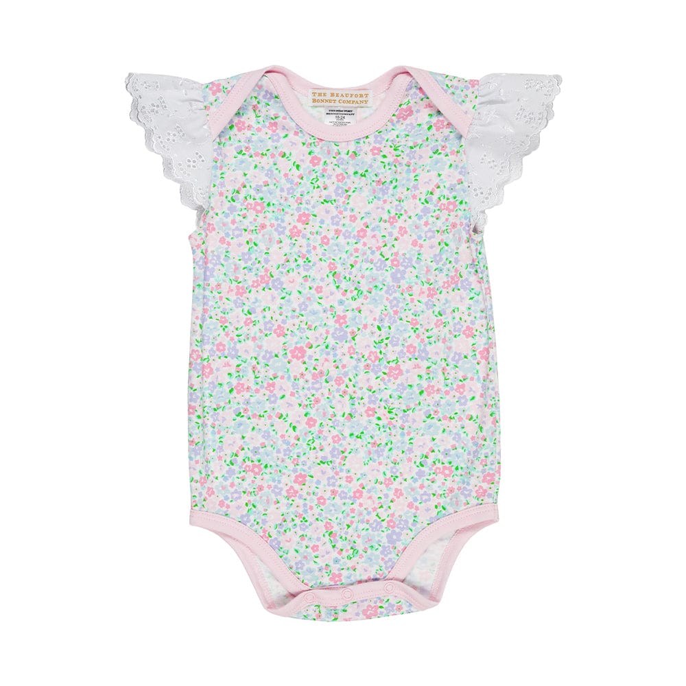 Beaufort Bonnet Company Beaufort Bonnet Company Mountain Brook Mini Floral with Palm Beach Pink & Worth Avenue White Eyelet Onesie - Little Miss Muffin Children & Home