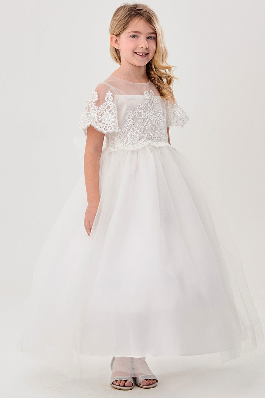 Good Girl Good Girl White Communion Dress w/ Mesh Floral Lace Bodice & Bell Sleeves - Little Miss Muffin Children & Home