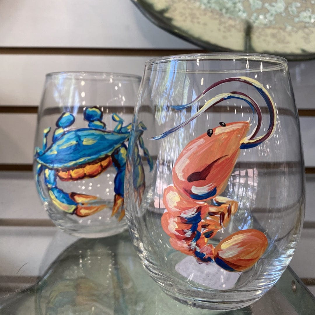 Michelle's Art Box Blue Crab Glassware Hand Painted Stemless Wine Glass New Orleans Artist - Little Miss Muffin Children & Home