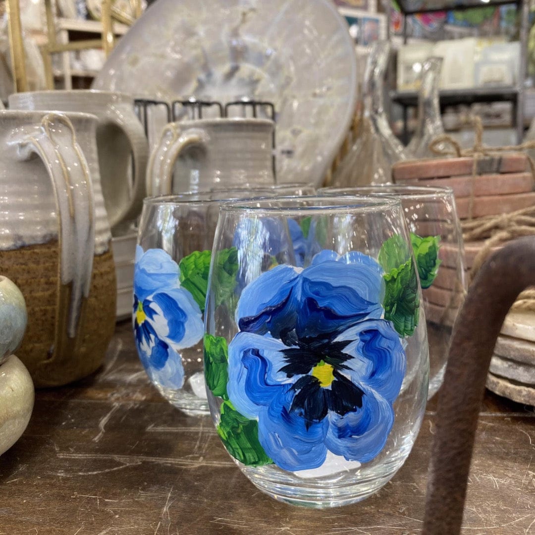 Michelle's Art Box Blue Pansy Glassware Hand Painted Stemless Wine Glass - Little Miss Muffin