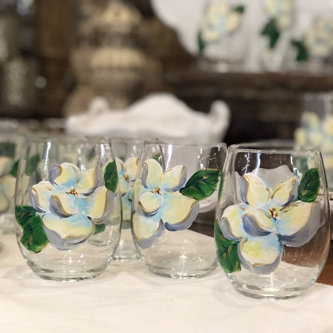Michelle's Art Box Magnolia Glassware Collection Hand Painted Stemless Wine Glass - Little Miss Muffin Children & Home