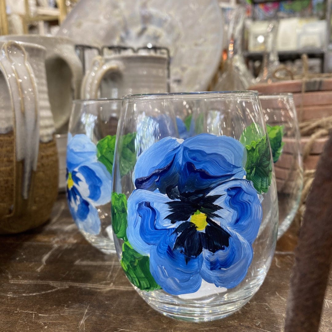 Michelle's Art Box Blue Pansy Glassware Hand Painted Stemless Wine Glass - Little Miss Muffin