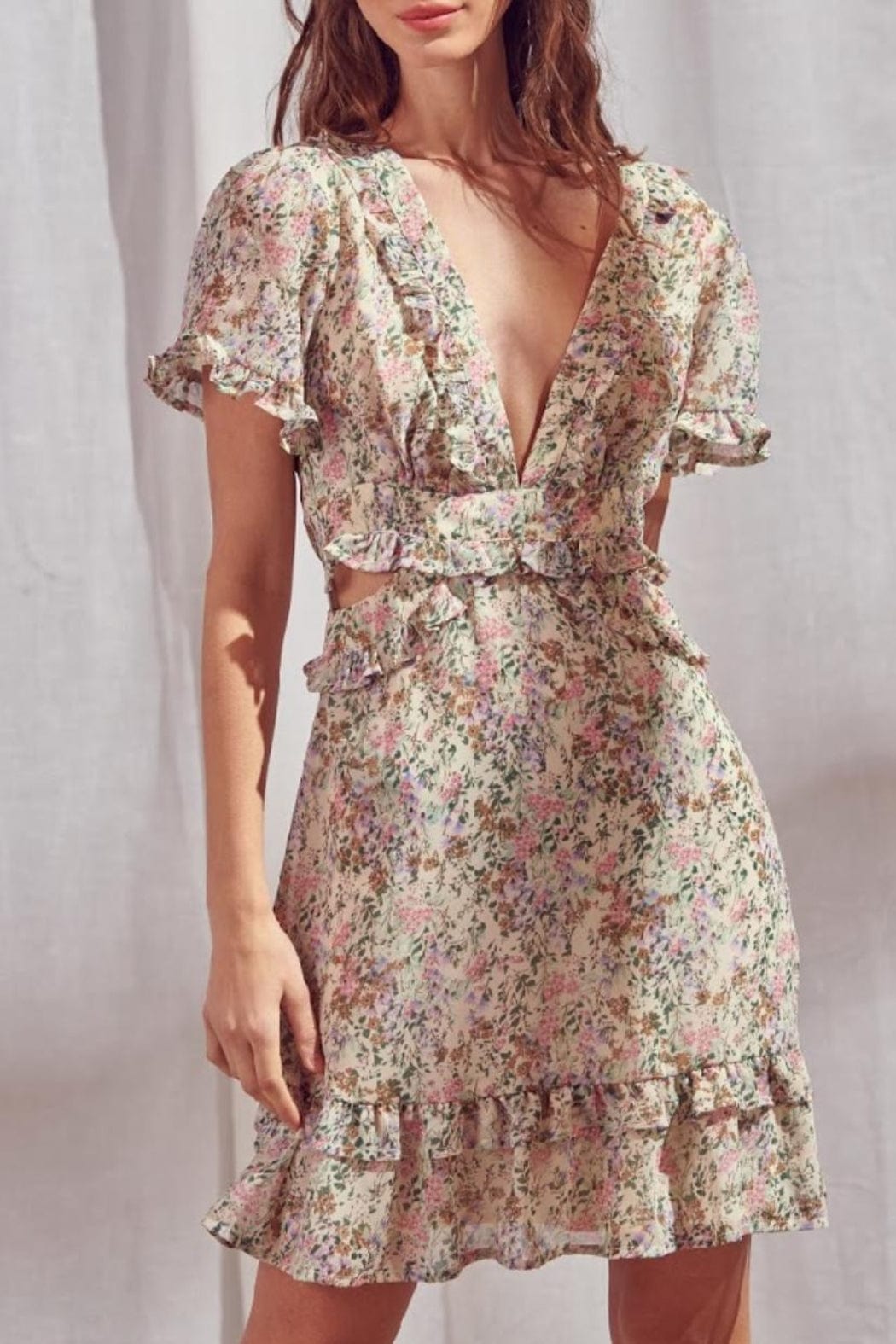 Storia Storia Flutter Sleeve Deep V-Neck Dress with Ruffle Tiered Skirt and Open Laced Back - Little Miss Muffin Children & Home