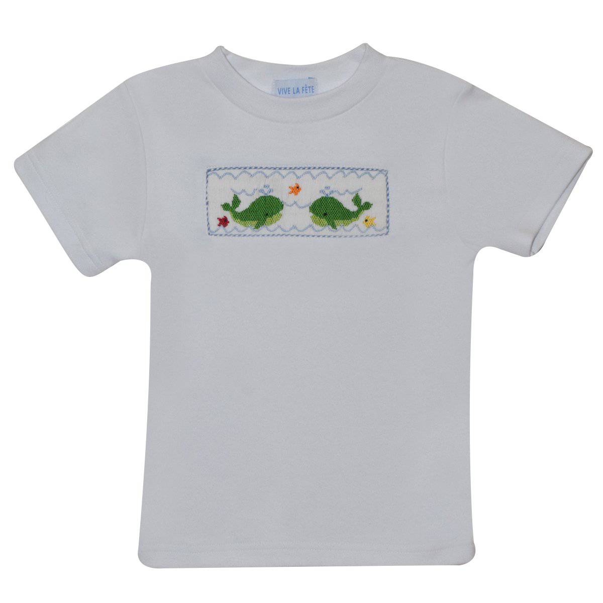 Vive La Fete - Vive La Fete Whales Smocked White Knit Boys Tee Shirt Short Sleeve - Little Miss Muffin Children & Home